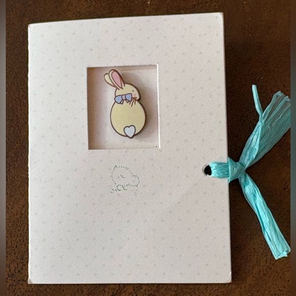 Tiny little bunny pin with pink ears, a blue bow, and white “heart” cottontail - Picture 5 of 12